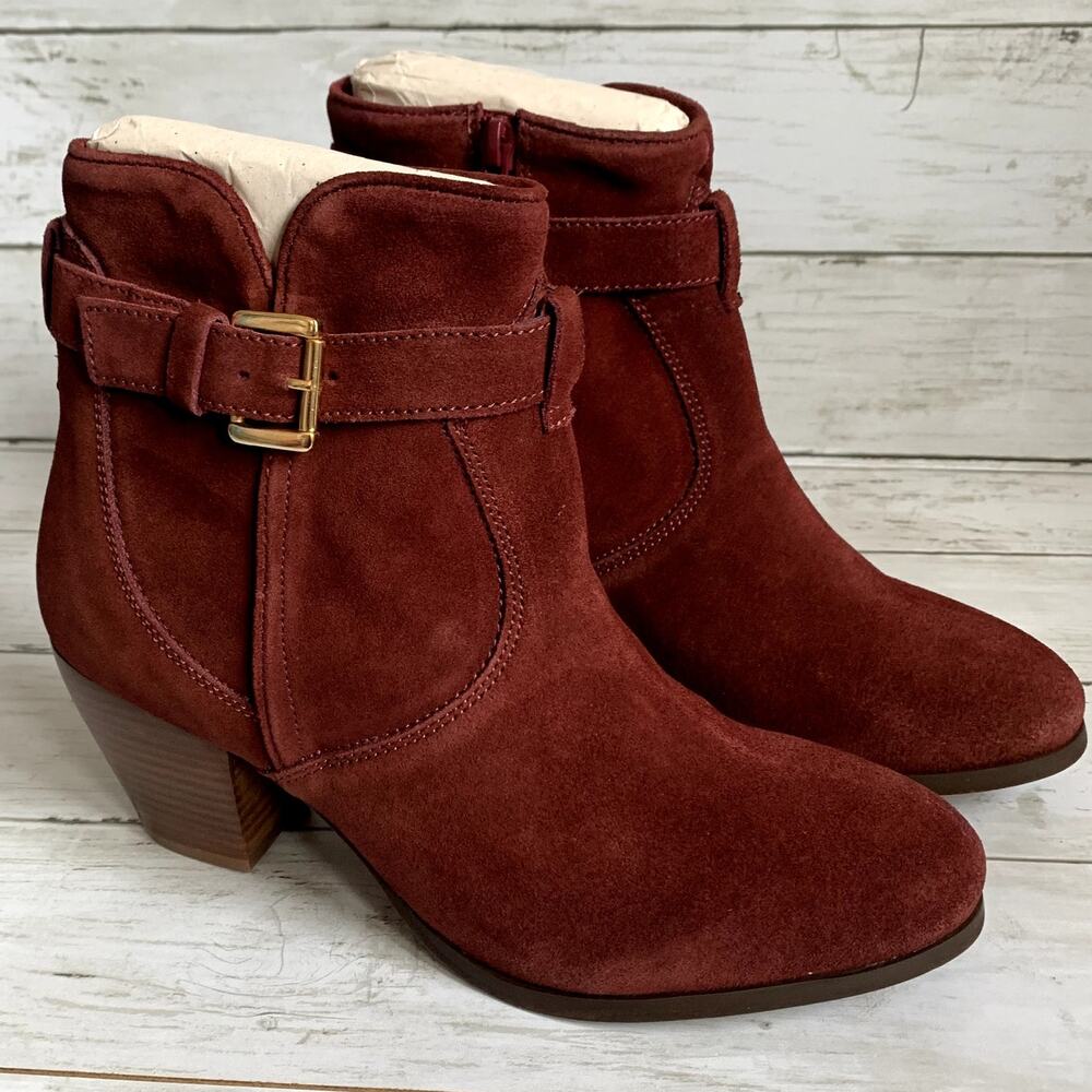 NWT Diba Women's Sleek Suede Bootie in Burgundy Red Gold Hardware